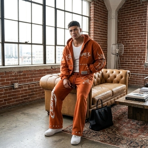 Ensemble de survêtement homme avec sweat à capuche zippé et pantalon de jogging, motif strass orange, style streetwear, deux pièces, vente en gros OEM - Product Image 2