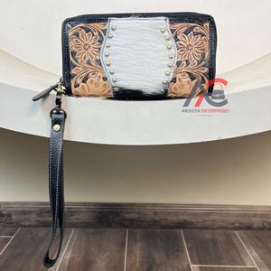 Bolsos de mano RFID largos con herramientas florales para mujer de fábrica, carteras de piel de vaca genuina con muñequera a la moda para mujer - Product Image 1