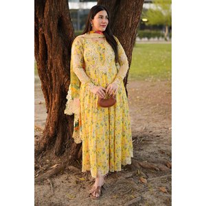Conjunto de 3 Piezas para Mujer ANEELAS, Vestido de Gasa Estampado con Dupatta de Seda Estampada y Pantalón Teñido-BIC-038 - Product Image 1