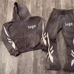 Venta al por mayor desgastado bordado verano Sweatsuit Sun Faded ácido lavado con capucha chándal con capucha conjunto - Product Image 4