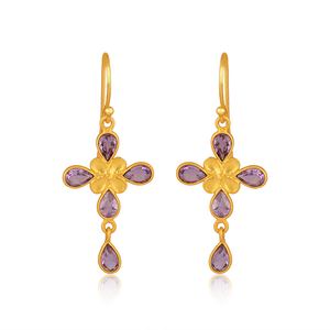 ต่างหูห้อยประดับคริสตัลอเมทิสต์ทรงกากบาทชุบทอง 24k ดีไซน์สวยหรู พร้อมกรอบเงิน จากผู้ผลิตเครื่องประดับ - Product Image 5