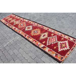 Turkish <b>Runner</b> Rug 2.7x11.5 ft, <b>Red</b> Floral Vintage Wool Rug - Product Image 2