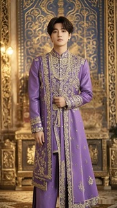 Royal Designer Light Purple Sherwani and <b>Pant</b> with Embellished beautiful crystal Glass Beads, Resham, Kasab embroidery work=2025 - Product Image 2