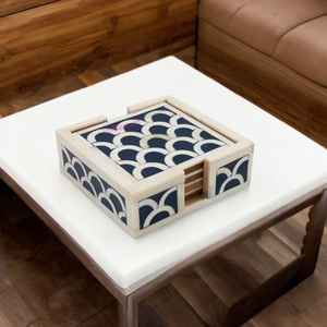 Wooden & Bone Inlay <b>Coaster</b>, Authentic Designer Home Decor <b>Set</b> 4 Pc <b>Set</b>, <b>with</b> <b>Holder</b> Gift for Him Her - Product Image 1