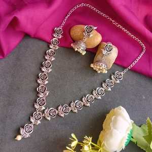 Indian Oxidized Choker Jewellery Antique Rose Necklace Faux Pearl Drop <b>Jhumka</b> Dangle Earrings Wholesaler Jewelry for Women - Product Image 2