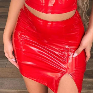 Stretch Soft PU <b>Elastic</b> Shiny Patent Faux Leather Fabric <b>Skirt</b> Shiny Fashionable Customized Leather <b>Skirt</b> For Women Winter Wear - Product Image 5