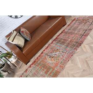 Alfombra Turca de 2.7x10.5 pies, Alfombra Vintage, Alfombra de Lana con Puntos Rojos Marrones - Product Image 3