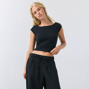 Women's Premium Fitted Baby Tee Cotton Spandex Boat Neck <b>Cap</b> <b>Sleeve</b> T Shirt Minimalist Y2k Fashion Basic Raw Edge Crop <b>Top</b> OEM - Product Image 1