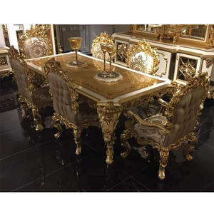 Ensemble de table à manger de luxe en teck massif européen, moderne, sculpté à la main, finition dorée, durable, taille personnalisable - Product Image 1