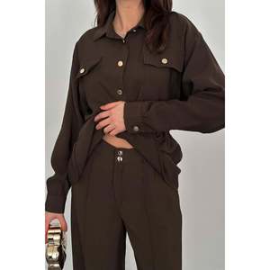 Brown Button Detail Shirt And Ribbed <b>Trousers</b> - Brown - Product Image 5