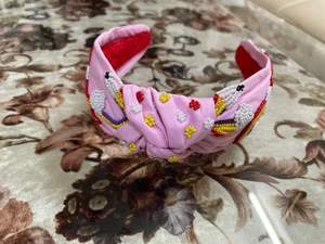 Rainbow Seed Bead Knotted Hairband for Women Stylish Trendy Fabric <b>Velvet</b> Lace <b>Headband</b> Accessory with Rainbow Design - Product Image 3