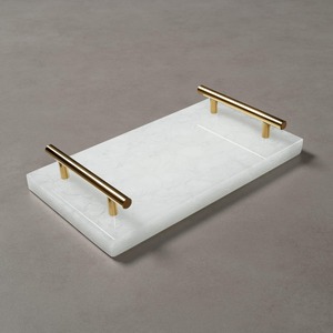 Plateau en marbre moderne pour servir la nourriture et le petit déjeuner Plateau de couleur blanche avec poignée en acier inoxydable plaqué or Design unique - Product Image 3