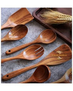 Vietchoice Hilda Wholesale Teak Wood 6 Piece Kitchen Utensil <b>Set</b> Long Handled <b>Spatulas</b> Spoons Forks Dishwasher & Oven Safe Tools - Product Image 3