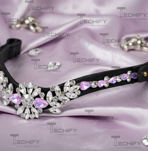 Bride d'équitation en cuir noir faite à la main, design floral en forme de V, avec bandeau de tête de cheval en cristal transparent et lavande de luxe - Product Image 2