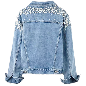Veste en jean pour femme Kivotech de qualité supérieure, lavée à la pierre, avec broderie de perles de haute qualité sur toute la surface, logo personnalisé sur les vestes en jean - Product Image 2