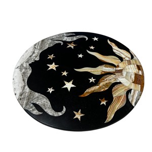 Table basse ronde en marbre de luxe moderne, table basse noire à motif artisanal, décoration de salon et de bureau - Product Image 1