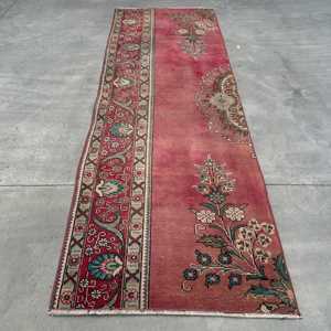 Turkish Vintage Rug, <b>Runner</b> 3x8.8 ft (91x268 cm) Rug, <b>Red</b> Bordered Wool Rug - Product Image 1