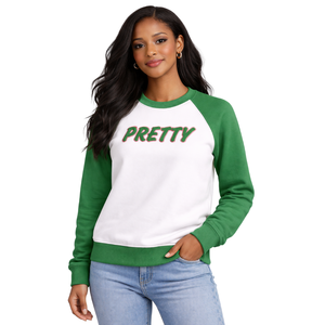 Sweat-shirt à manches raglan et col rond blanc 08 Pretty Girl, vêtements de sororité grecque, vêtements grecs élégants pour femmes, rose et vert - Product Image 5