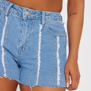 2025 nuevo estilo deshilachado detalle Denim Slim Fit corto para mujeres venta al por mayor lavado ligero señoras personalizado gimnasio deporte Fitness entrenamiento sin costuras - Product Image 3