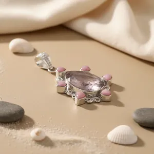 Pendentif vintage en argent 925 avec pierres de morganite roses serties clos, bijou solitaire pour femme, à porter au quotidien, marque Rajasthan - Product Image 1