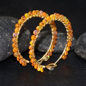 Pendientes de Ópalo Naranja Fuego, Pendientes Redondos Grandes con Cuentas, Ópalo Fuego Vintage Hecho a Mano, Aro de 30 mm, Plata de Ley 925, Chapado en Oro de 14K - Product Image 1