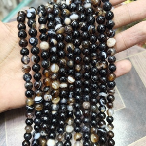 Collier statement en argent sterling avec agate noire striée naturelle, perles de pierres précieuses de 8 mm, bijoux du Botswana, cristal de guérison, mariage - Product Image 1