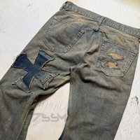 Pantalon en denim personnalisé Slim Fit Y2K pour hommes, ourlet brut, rivets évasés empilés, conception déchirée, bouton, délavé, jean vintage vieilli