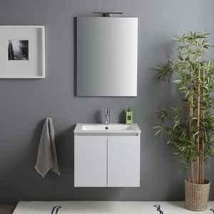 Meuble de salle de bain mural en céramique blanche brillante de 60 cm, deux pièces, avec lavabo, miroir et ensemble de lampes Baltimora - Product Image 2