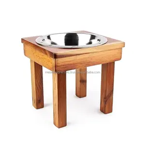 Taburete elevado de madera con cuencos de acero inoxidable, comederos elevados para mascotas para perros y gatos, comedero estacionario para perros y cuenco de agua - Product Image 1