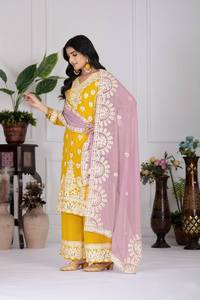 Haute qualité jaune Faux Georgette tissu élégant indien pakistanais femmes costume haut pour mariages Festivals et fêtes Palazzo - Product Image 4