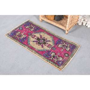 Vintage 1.5x3 ft <b>Purple</b> Wool <b>Rug</b> Classic Handmade Flat Weave in Patchwork Style Abstract Rectangle Hallway Pattern Latex Backing - Product Image 2