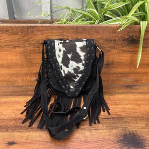 Best Seller Western Real Hair On Suede Leather Fringe Crossbody Bag para mujer Custom Genuine Leather Hand Stitch Boho Purse - Product Image 3