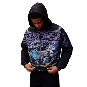 Custom All-Print Vintage Wash Distressed <b>Zip</b>-Up Hoodie for Men 100% Cotton Breathable Autumn Logo Hooded <b>Sweatshirt</b> - Product Image 4