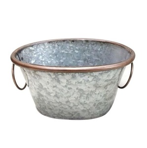 Galvanized Metal Round <b>Tub</b> Planter Bowl with Side Handles Rustic <b>Garden</b> Flower Pot Wholesale Bulk - Product Image 1