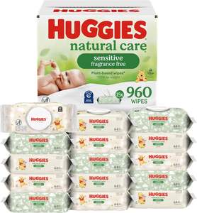Toallitas Húmedas para Bebé Huggies Natural Care Sensitive, Sin Perfume, Hipoalergénicas, 99% Agua Purificada, 15 Paquetes con Tapa Abatible (960 Toallitas en Total) - Product Image 1