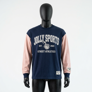 Camiseta de manga larga premium de algodón 220 GSM para hombre, color azul marino y rosa, con bloques de color, tela suave y transpirable, estampada. - Product Image 1