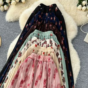 Jupe longue plissée en mousseline de soie à motif floral pour femme, taille élastique, longueur cheville, avec poche, style bohème doux, toutes saisons - Product Image 2