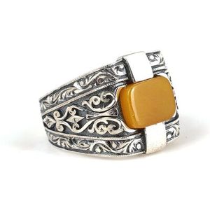 925 Sterling <b>Silver</b> Rectangular Men's Ring with Radiant Cut Amber Stone and <b>Pen</b> Design Bezel Setting Inlay Everyday Wear - Product Image 2