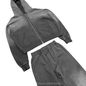 Custom Sweat Stack Pant Trajes de chándal Lavado ácido Chándal Rhinestone Zip up Sudadera con capucha y pantalones de chándal acampanados Conjunto de chándal para hombres - Product Image 2