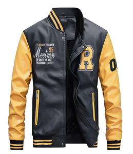 แจ็กเก็ตเบสบอลขนแกะสไตล์เท่ๆสำหรับผู้ชายแจ็กเก็ตบอมเบอร์หนัง PU - Product Image 1