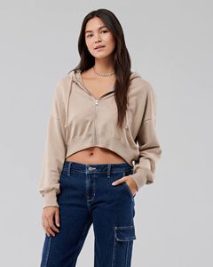 Sudadera con capucha corta de alta calidad para mujer, estilo casual, con etiqueta personalizada, hombros caídos, cierre de cremallera y corte cropped. - Product Image 1
