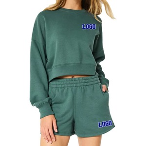 Ensemble sweat-shirt et short pour femme, uni, au-dessus du genou, gaufré, texturé, élégant, deux pièces - Product Image 1