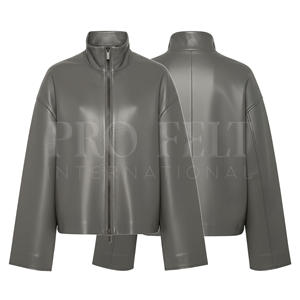 Veste en cuir véritable surdimensionnée à la mode et à la mode Logo personnalisé Col haut Manches larges Coupe courte Veste à fermeture éclair complète - Product Image 5