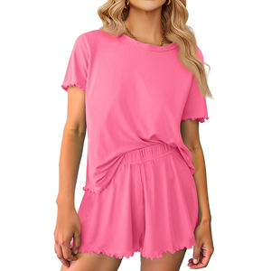 Women's 100% Cotton Loungewear Crew Neck Short-Sleeved <b>Top</b> Shorts 2 Piece Casual Set Summer Solid Blank Ripped Button Hoodie - Product Image 2