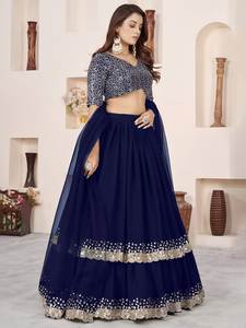 Ensemble Lehenga Choli en Georgette de Polyester Bleu Royal avec Broderie Zari et Paillettes, Dupatta en Tulle Doux Longueur Ras du Sol pour Fête et Mariage - Product Image 2
