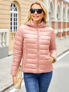 <b>Women</b> pink Padded Short Bomber Winter <b>Jacket</b> Warm Hooded Outerwear <b>Lightweight</b> Puffer Zip Front Cozy Style Daily Cold Weather - Product Image 2