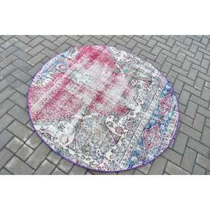 Turkish Round Rug 4.6x4.7 ft, <b>Red</b> Blue Floral Rug <b>Wool</b> - Product Image 4
