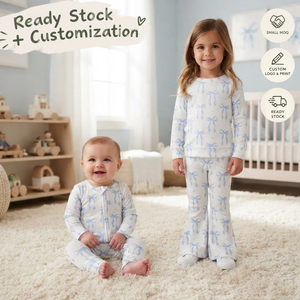 Conjuntos de ropa para niñas y bebés: Top de punto con lazo azul claro OEM/ODM/RTS y pelele para bebé, venta al por mayor de ropa para niñas - Product Image 1