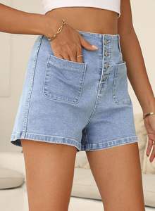 Shorts d'été en coton taille haute pour femmes Zipper Fly & Casual Denim Design respirant et déchiré Prix de gros disponible - Product Image 5