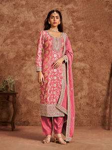 Juego Kurti de 3 piezas de seda Jacquard pura bordada pesada tradicional para adultos, festivo informal, para fiestas, celebraciones de Diwali - Product Image 3